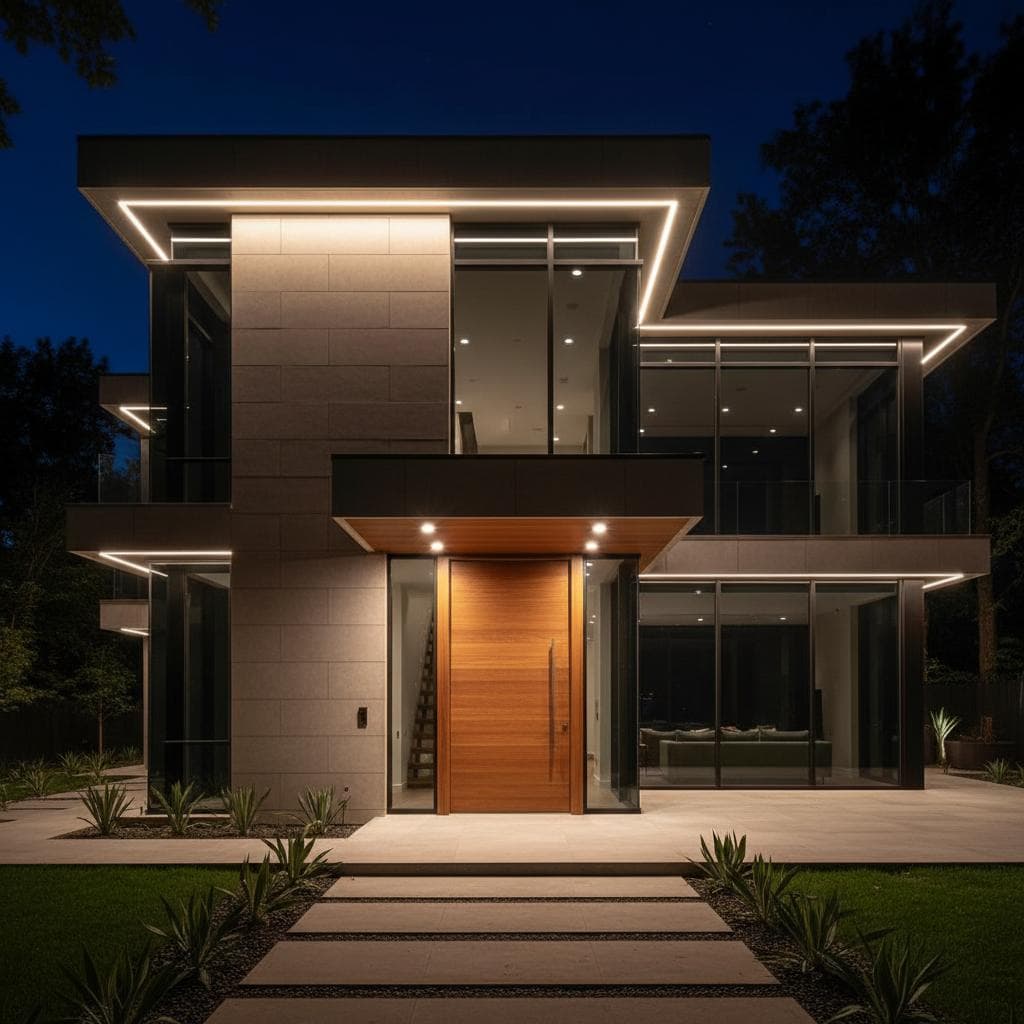 Luxury modern villa in Pakistan at night with warm white exterior LED strip lighting and recessed entrance spotlights