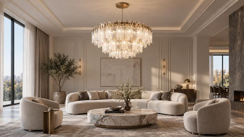 Large luxury crystal chandelier over a modern cream living room sofa with high ceilings and floor-to-ceiling windows