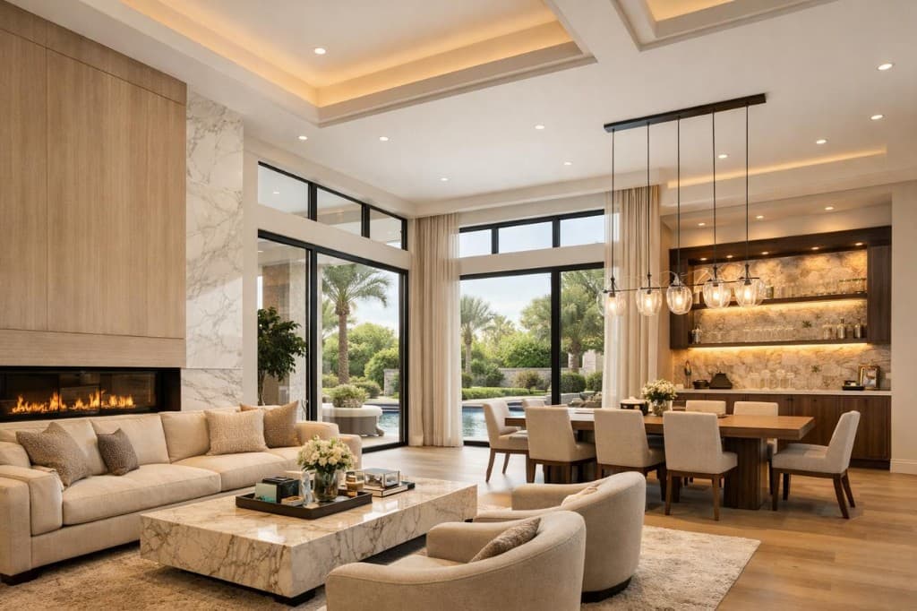Luxury living and dining room with chandelier, recessed lights, and layered home lighting