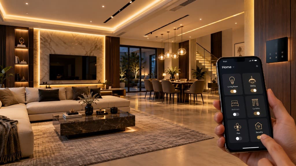 Smart home app controlling living room lighting and scenes in a luxury Pakistani residence