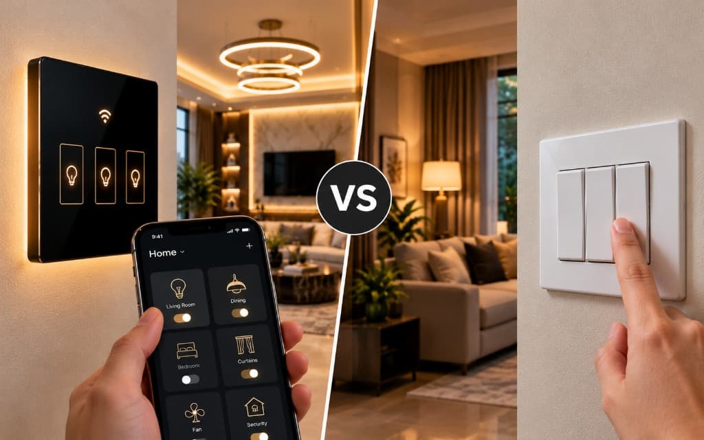 Smart switches vs traditional switches: touch panel with phone app on the left and manual rocker switch on the right