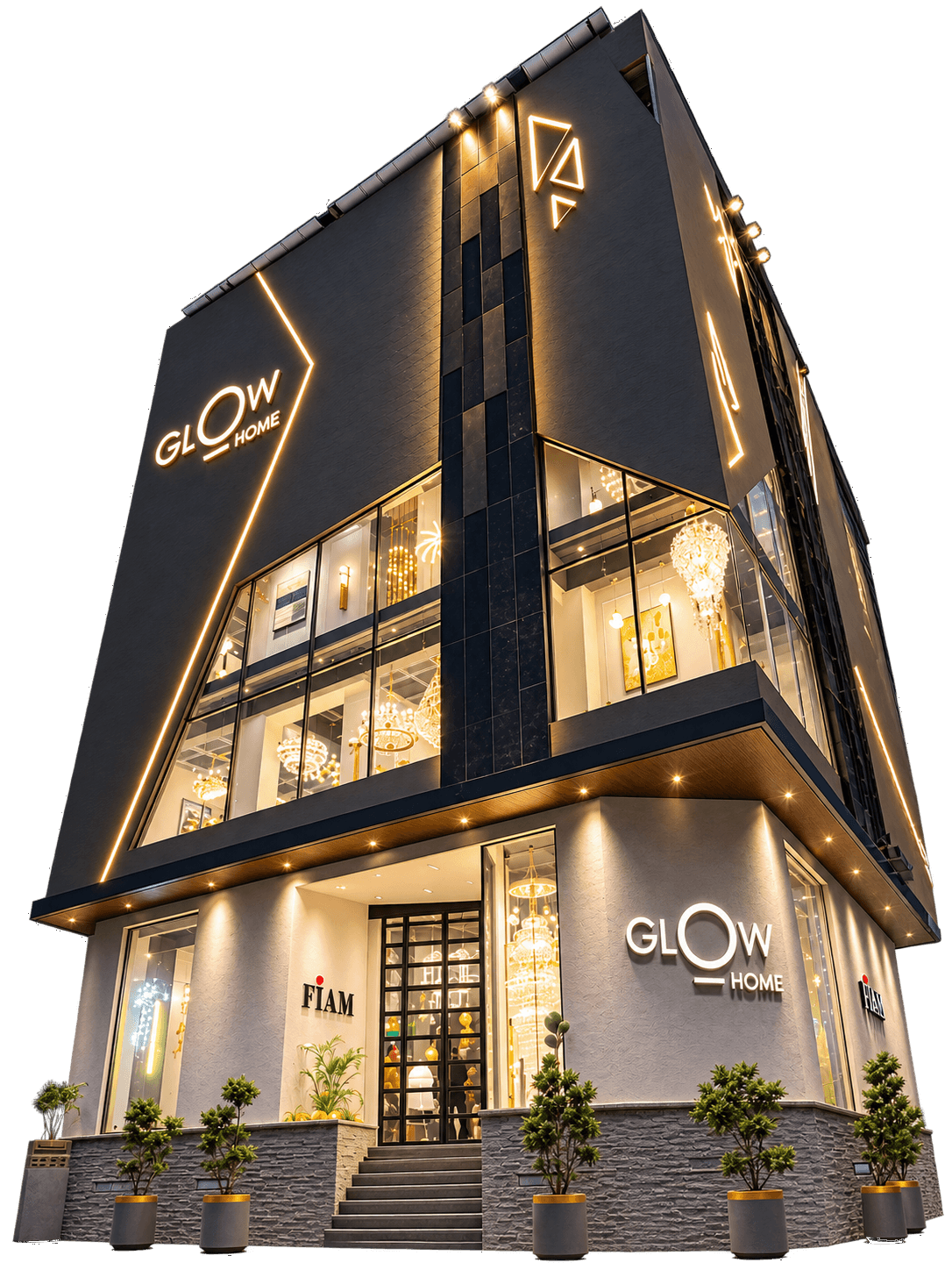 Glow Home luxury lighting showroom exterior at night with illuminated chandeliers and modern architectural facade